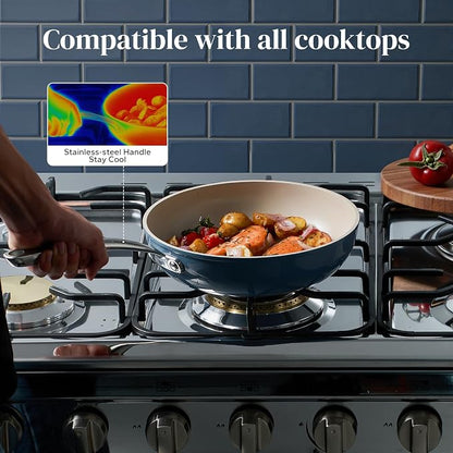 Redchef Ceramic Frying Pans Non Stick 9.5", 2.4QT Deep Saute Pan with Lid, Large Jumbo Cooker with Stay Cool Handle, Non Toxic Cooking Ceramic Pan, Induction Dishwasher Safe, PFOA & PFAS Free(Blue)