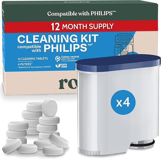 Roobi Cleaning Tablets & Filters Compatible with Philips Saeco. Includes 16 Espresso Cleaning Tablets & 4 Water Filters. Carbon Neutral Philips Cleaner Kit. 1 Year Supply.