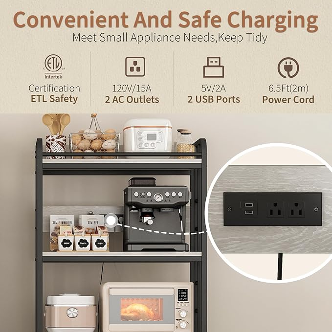 METYERRY Adjustable 4-Tier Heavy Duty Kitchen Baker's Rack with Power Outlet, with Industrial Wheels, Free Standing Microwave Oven Cart Stand for Storage in Living Room, Garage, Greige