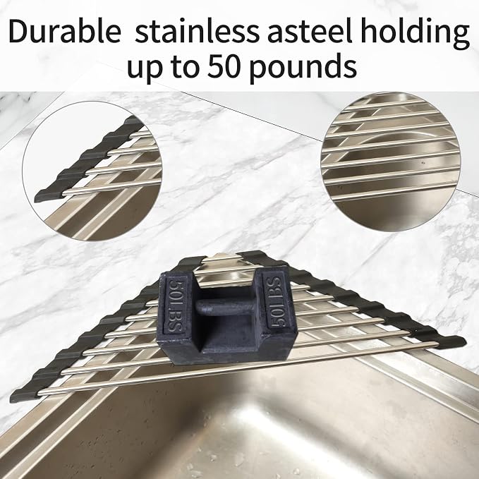 Roll Up Dish Drying Rack and Triangle for Sink,over the Sink , Kitchen Corner Drainer Mat, Foldable Stainless Steel (Triangle) Silver