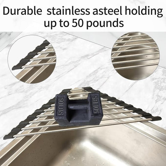 Ahyuan Roll up Dish Drying Rack Over The Sink Kitchen Roll up Sink Drying Rack Portable Dish Drainer Foldable Dish Drying Rack (Black, Triangle 16.3''X9.4'')