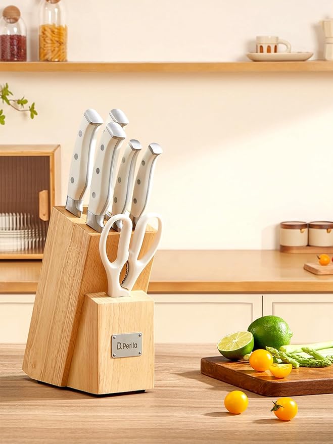 Knife Set, D.Perlla 8 Pieces Kitchen Knife Set with Built-in Sharpener, HIgh Carbon German Stainless Steel Knife Block Set with Unique Waved Pattern, Non-slip Handle, White