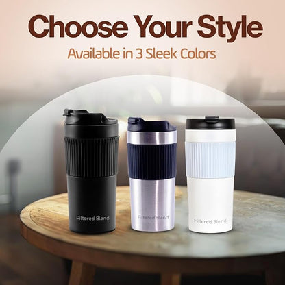 15oz Double Wall Stainless Steel Insulated French Press Coffee and Tea Maker - Portable Camping Mug and Tumbler - Heat Retaining, Leak-Proof, Travel-Friendly for Office and Outdoor Adventures (Black)
