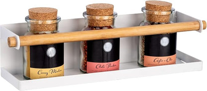 WENKO Magna Magnetic Metal Spice Rack with Bamboo Detail for Storing and Displaying Spice Jars, No Drilling Required with Magnet or Adhesive Tape, 32 x 8 x 8 cm, White