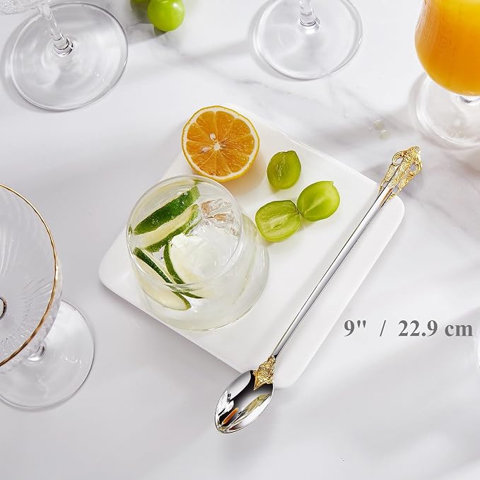 KEAWELL Luxurious 9 Inch Long Iced Tea Spoon Set - 4 Pieces - Gorgeous Design with Exceptional Mirror Polished Finish - 18/10 Stainless Steel- Perfect for Tall Glasses, Cocktails (Gold Accent)