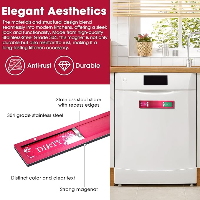 Christmas Red Dishwasher Magnet – Clean Dirty Sign, 304 Stainless Steel with Strong Adhesive Tape, Festive Kitchen Decor & Holiday Home Gift (S105)