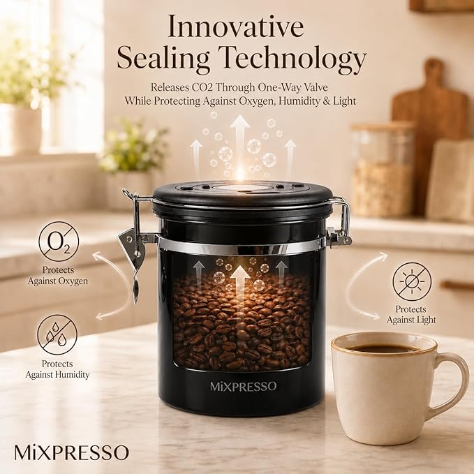 Mixpresso 16 Oz Black Coffee Canister, Stainless Steel Airtight Coffee Container, Air tight Jar Tea Storage with Date Tracker, Vacuum Sealed Espresso Airtight Canister, Sugar Container for Home