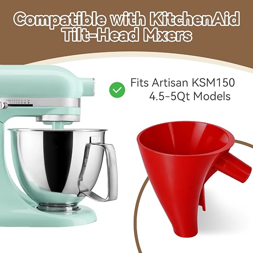 Flour Funnel for KitchenAid Tilt-Head Stand Mixer 4.5 & 5 Qt (KSM150), 5 Qt Anti-Splash Attachment, Easy to Use Kitchen Aid Flour Funnel for Baking (Red)