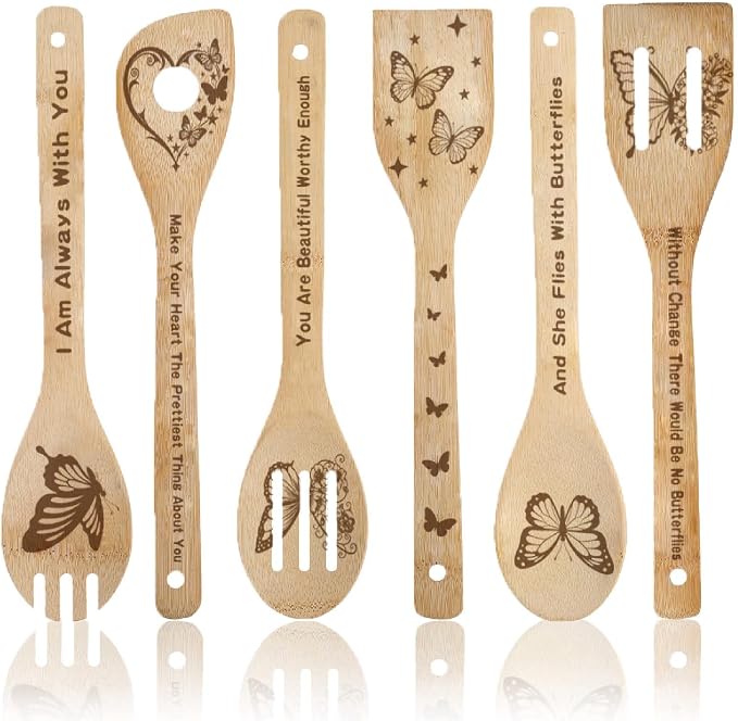 6Pcs 6 Styles Butterfly Wooden Utensils Set for Cooking 11.8 x 2.4 Inch Bamboo Kitchen Spoons Durable Wood Spoons Set for Housewarming Wedding Birthday Gift Farmhouse Apartment Accessories