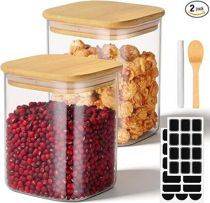 Square Glass Jars with Bamboo Lids, 2 Pack 29 Fl.oz Glass Canister with Lids, Clear Flour Sugar Storage Containers Food Jars for Tea, Coffee Bean, Cereal - Set Includes Labels, Marker and Spoon