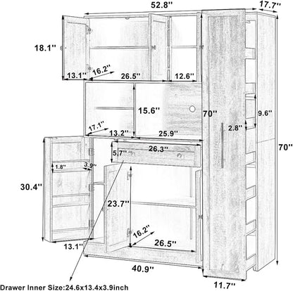 VilroCaz Farmhouse Style Large Kitchen Pantry with Hutch, Freestanding Wood Storage Cabinet Cupboard with Pull-Out Side Cabinet, Door Shelves and Drawer (White-6.10)