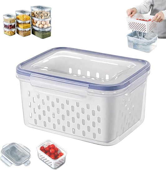 4 in 1 Food Storage Containers with Lids, Food Storage Containers With Lids Airtight, With Removable Colander, For Fruits & Vegetables, Easy to Soak, Clean, Drain and Store (Blue, L)
