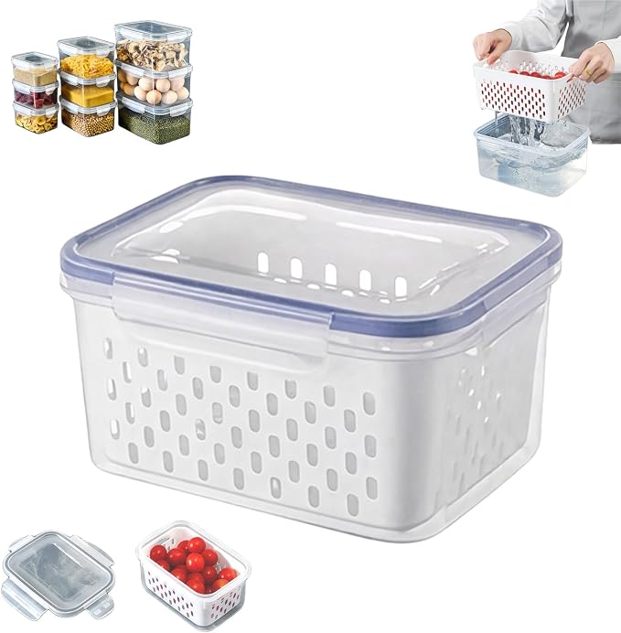 4 in 1 Food Storage Containers with Lids, Food Storage Containers With Lids Airtight, With Removable Colander, For Fruits & Vegetables, Easy to Soak, Clean, Drain and Store (Blue, S)