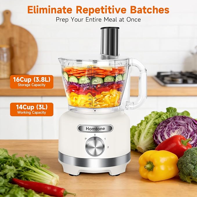 Homtone Food Processor, Large 16 Cup 9-in-1 Veggie/Meat Processor for French Fry Cutting, Slicing, Shredding, Chopping, Dough Kneading & Emulsifying, Easy Meals prep for Family, Party & Week, Beige