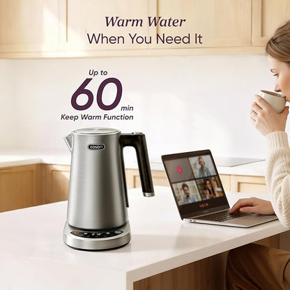 Cosori Electric Kettle, Plastic-Free Interior, 5 Presets ±5℉ Temperature Control, Fast Boiling, 2 Lid Opening, 60Min Keep Warm, Stainless Steel Tea Kettle for Tea, Hot Water, Boil Water, Coffee, 1.7L