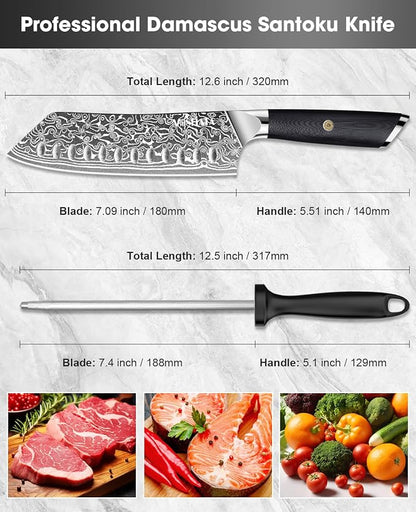 MOSFiATA Damascus 7" Santoku Knife, Damascus Stainless Steel VG10 Core, Chef's Knives Chopping Cooking Knife Set with G10 Handle Sharpener Gift Box