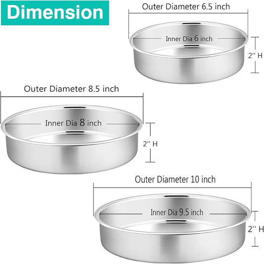 P&P CHEF Cake Pan Set of 3, 6" + 8" + 9.5" Round Baking Layer Tier Cake Pans Tins, Stainless Steel Bakeware for Birthday Weeding, Heavy Duty & Non Toxic, Mirror Finish & Dishwasher Safe