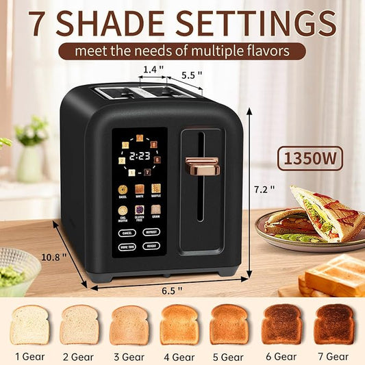 SEEDEEM Toaster 2 Slice, Touch Control Stainless Toaster LCD Display, 50% Faster Heating Speed, 1.4'' Wide Slots, More Timer Functions, Removable Crumb Tray, 1350W, Dark Chocolate