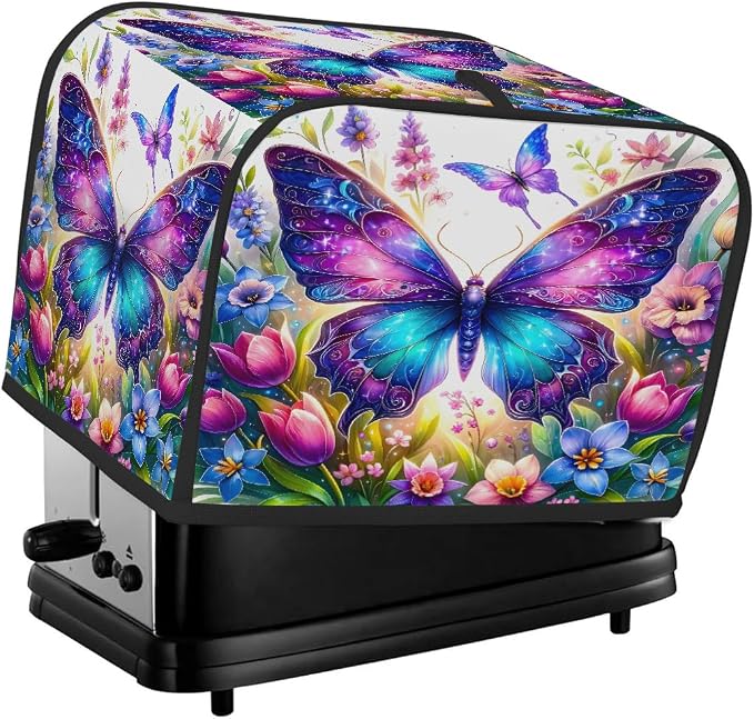 Flower Butterfly Toaster Cover 4 Slice Wide Slot Washable Toaster Covers | Spring Art Dust and Fingerprint Protection Bread Maker Covers for Kitchen Accessories Decor Bakeware Women Gift