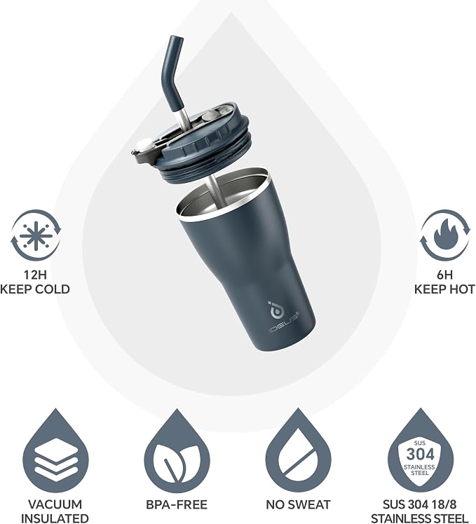 IDEUS Insulated Tumbler with Lid and Straw 14 oz, Stainless Steel Double-Wall Vacuum Leak-Proof Travel Coffee Mug, Cup Holder Friendly, Navy Blue