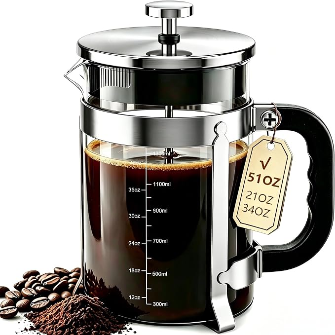 QUQIYSO French Press Coffee Maker, Large French Press with Thick Borosilicate Glass, 304 Stainless Steel Filter, Teapot & Coffee Maker for Home, Office, Party, 51oz, Silver