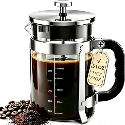 QUQIYSO French Press Coffee Maker, Large French Press with Thick Borosilicate Glass, 304 Stainless Steel Filter, Teapot & Coffee Maker for Home, Office, Party, 51oz, Silver