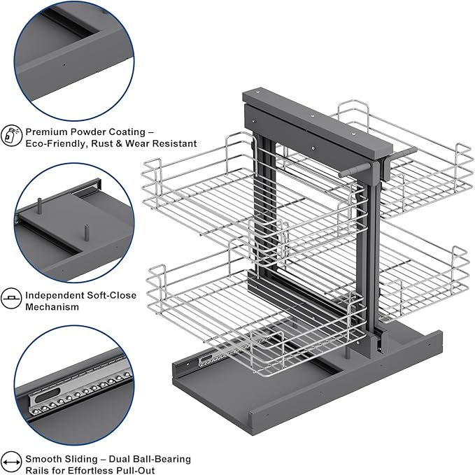 VADANIA Blind Corner Pull Out Organizer for 32" Cabinet, Left Open & Right Open Compatible, Min Opening 14", 2-tier Pull-out Basket, Soft Close, Bottom Mount