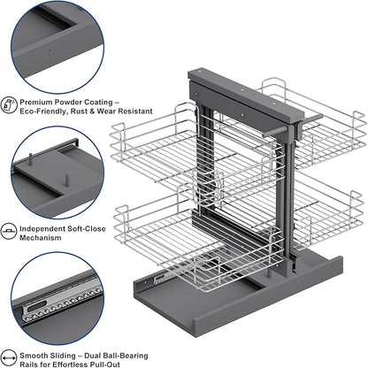 VADANIA Blind Corner Pull Out Organizer for 32" Cabinet, Left Open & Right Open Compatible, Min Opening 14", 2-tier Pull-out Basket, Soft Close, Bottom Mount