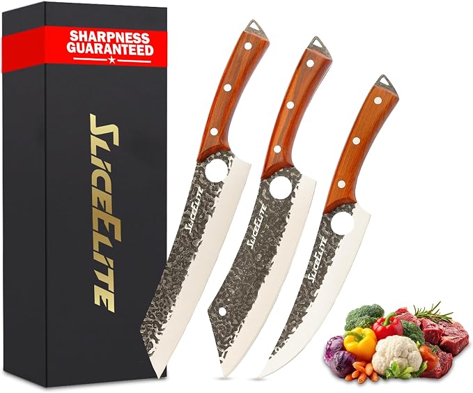 SliceElite Hand-Forged Professional Butcher Knife (3 PC PREP KNIFE SET W/SANDSLWOOD HANDLES)