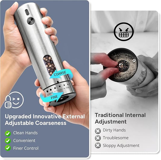 Rechargeable Electric Salt and Pepper Grinder Set - Mess-Free External Adjustable Coarseness, Stainless Steel Automatic Pepper Mill and Salt Grinder with Storage Base, Large Capacity, LED Light, USB-C