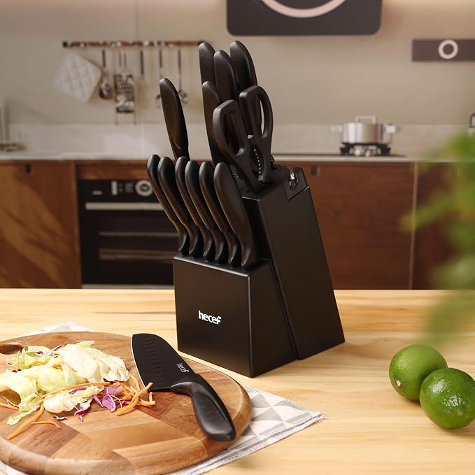 hecef 15PCS Black Knife Block Set with Built-in Sharpener – Non-Stick Coating Blades & Ergonomic Handle for Effortless Cutting & Slicing