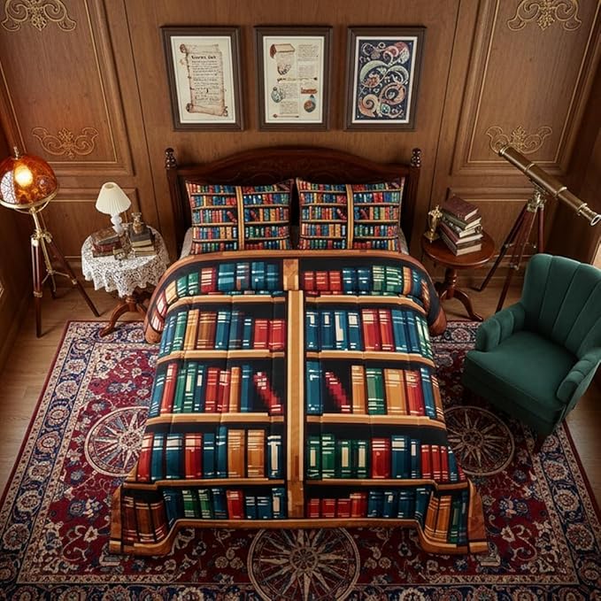 Manfei Bookshelf Comforter Set King Size,Anime Bookcase Theme Down Alternative Adults Bedroom Decor,Pixelated Pixel Style Games Ultra Soft Microfiber Inner Fill 3Pcs Bedding