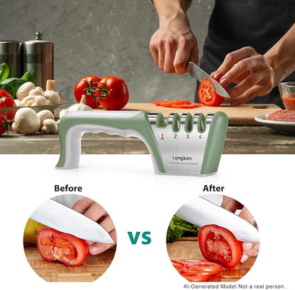 Longzon 5-in-1 Knife Sharpener 4 Stage with Cut-Resistant Glove, Quickly Sharpens & Restores Dull Blades, Easy & Safe for Home Kitchen Use, Fits Most Knives and Scissors, Gray+Green