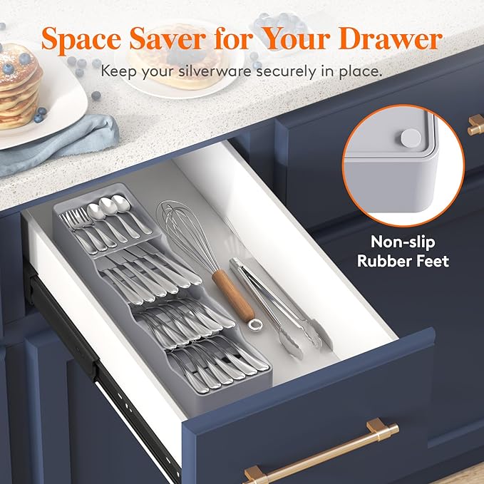 Lifewit Small Flatware Drawer Organizer, Compact Narrow Silverware Tray for Kitchen Drawers, Plastic Cutlery Holder for Spoons, Forks, Knives – Fits Small & Slim Kitchen Drawers, Gray
