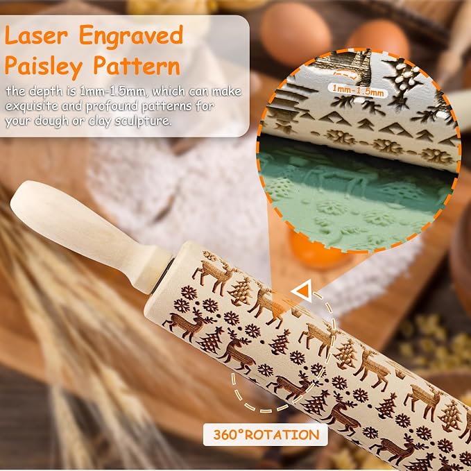 Embossed Wooden Rolling Pin, 3D Engraved Snowflake Elk Deer Laser Engraved DIY Tool for Kids and Adults to Make Cookie Dough Crusts Pies Pastry