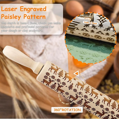 Embossed Wooden Rolling Pin, 3D Engraved Snowflake Elk Deer Laser Engraved DIY Tool for Kids and Adults to Make Cookie Dough Crusts Pies Pastry