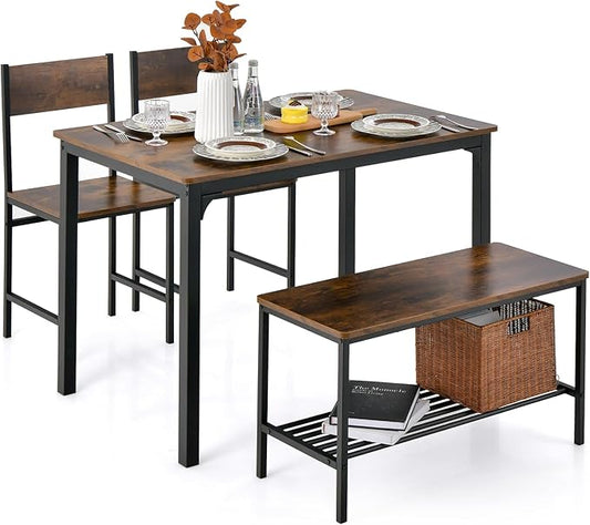 Giantex Dining Table Set for 4, Kitchen Table with Bench and Chairs, Industrial Gathering Bench Dining Set W/Metal Frame & Storage Rack, Dinette Set, Modern Functional Desk Set (Rustic Brown)