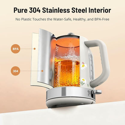 PARIS RHÔNE Retro Stainless Steel Electric Kettle, 1.7L Cordless Hot Water Tea Kettle with Thermometer, 1500W Fast Heating, LED Indicator, Auto Shut-Off & Boil Dry Protection