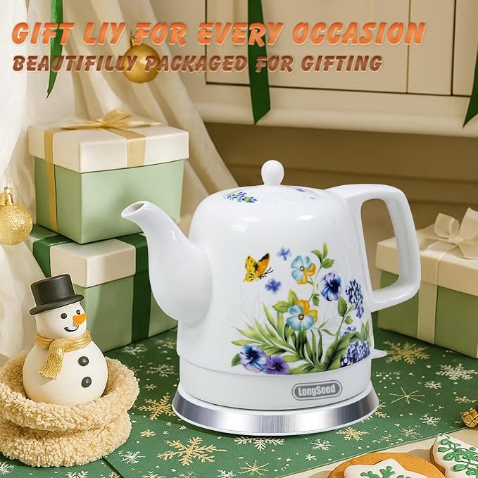 Ceramic Electric Kettle, 1.2L/1000W Boil Water Quickly and Easily,Boil-Dry Protection,Auto Shut Off, Detachable Swivel Base,Hot water kettle for Coffee & Tea
