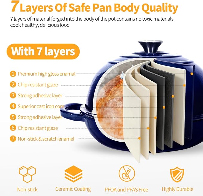 ONKO Dutch Oven For Sourdough Bread Baking, 6QT Enameled Cast Iron Dutch Oven Pot With Lid, Non-stick Sourdough Baking Pan with Bread Dome, Round Ceramic Dutch Ovens Pot with Cloche for Homemade
