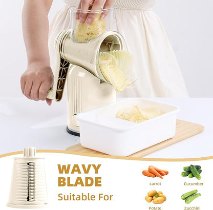 Rotary Cheese Grater with Handle, Vegetable Shredder with 5 Replaceable Blades & Strong Suction Base, Round Food Slicer & Chopper for Kitchen Fruit Vegetables Nuts with Blade Storage Box (White)