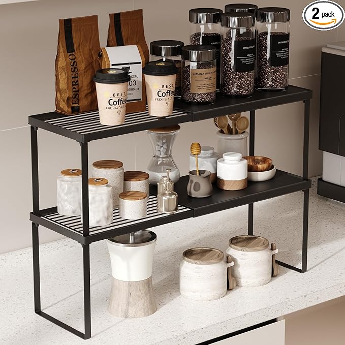 Magheo Expandable Cabinet Shelf Organizer, 2 Pack Stackable Kitchen Counter Shelf Riser, Metal Spice Rack Heavy Duty Countertop Organizer Storage for Kitchen, Pantry, Cupboard, Rv (8.7in Height,Black)
