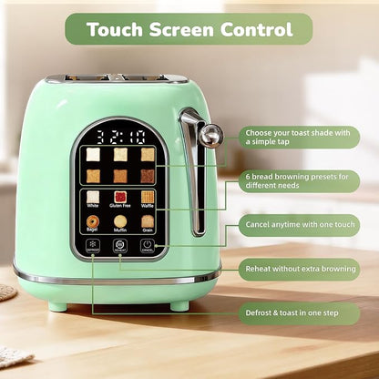 Mecity Toaster 2 Slice, Touch Screen Wide Slot Retro Toaster For Breads Bagel Muffin Waffle, House Warming Gift New Home, 120V 825W, Light Green