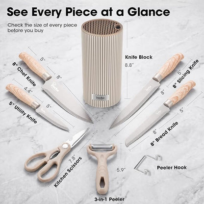 Knife Set, Kitchen Knife Set with Block, 7 Pcs Kitchen Knife Set with 3-in-1 Peeler, Knife Block Set Compact Stainless Steel Knives with Wood Grain Finish Handles, Space Saving Kitchen Essentials