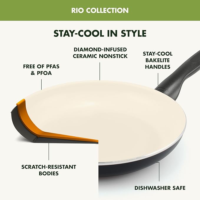 GreenPan Rio 11" Square Griddle Pan, Ceramic Nonstick Cookware, PFOA and PFAS-Free, Stay-Cool Bakelite Handle, Black