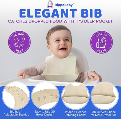 HippoBaby Baby Led Weaning Supplies | 10 Piece Silicone Baby Feeding Set | Baby Toddler Bib Cup Divided Plate and Bowl Self Feeding Spoons Dish Set | Baby Utensils | Toddler Feeding Supplies (Cream)