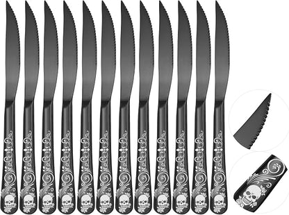 Skull Ultra Sharp 2-IN-1 Serrated Knives, SANLUNS Chef Knife Set Serrated Knives of 12 - Professional Design Collection - 18/0 Stainless Sharp Dinner Knive Unique Skull Pattern Design