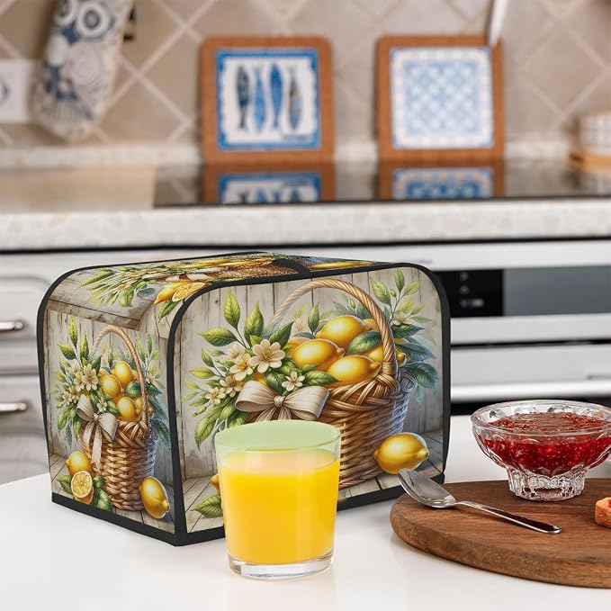 Lemon Toaster Cover 4 Slice Wide Slot Washable Toaster Covers | Wood Modern Dust and Fingerprint Protection Bread Maker Covers for Kitchen Accessories Decor Bakeware Women Gift