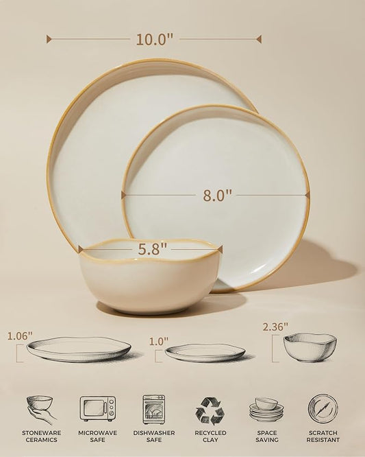 Pokini Ceramic Plates and Bowls Set, Everyday Dinnerware Set for 4, Wavy Rim Kitchen Dish Set, Chip Resistant Dishware Sets, Dishwasher Safe Dinner Set, Designed for Simple Meals, Yellow White