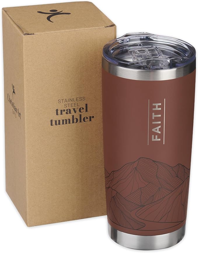 Christian Art Gifts Large Premium Stainless Steel Vacuum Sealed Insulated Travel Mug Tumbler for Men & Women: Faith Inspiring Mountain Theme, Leak-Proof Retractable Lid, All Day Hot/Cold, Brown, 18 oz